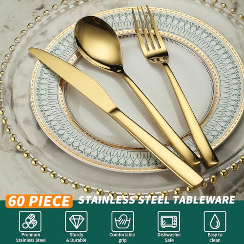 Berglander 60pcs gold wedding cutlery set for 20, titanium plated stainless steel flatware, gold spoon fork knives for home, wedding, restaurant