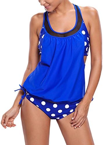 Viyoung Womens stripes Double Up Halter Tankini With Briefs Swimwear Side Tie Swimsuit (XXL, Blue White Dot)