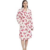 YGZZFYH Women's Pink Heart Printed Wrapped Belted Flannel Lounge Robe, Casual Pocket Shawl Collar Thermal Robe