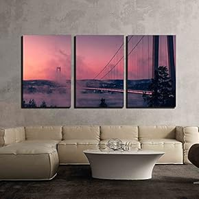 3 Piece Canvas Wall Art - Bridge with Mist at Sunset - Modern Home Art Stretched and Framed Ready to Hang - 16"x24"x3 Panels