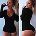 Moxeay Women's Sexy Onesie Deep V Neck Shorts Long Sleeve Knitted Button Down One Piece Bodysuit Bodycon Rompers Overall(XL, Black)