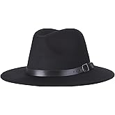 Womens Wide Brim Fedora Hat Classic Felt Trilby Hat with Belt Buckle Church Derby Jazz Cap