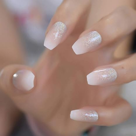 Jzjzj Fake Nail Holographic Silver Glitter Acrylic Nails Fake