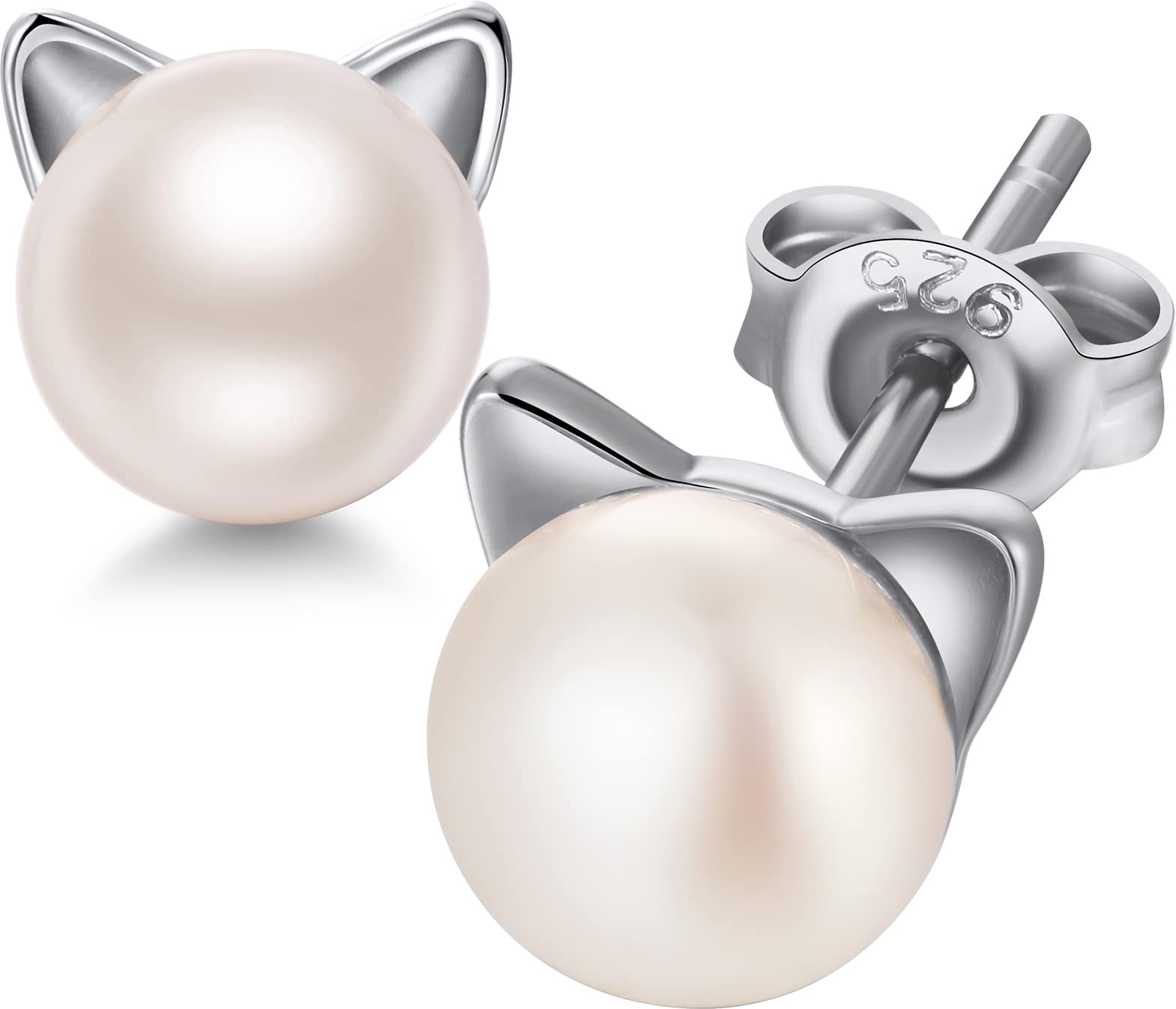 Jiahanzb Cat Pearl Stud Earrings Freshwater Cultured Pearl Stud Earrings 925 Sterling Silver Cats jewellry for Women — image 1