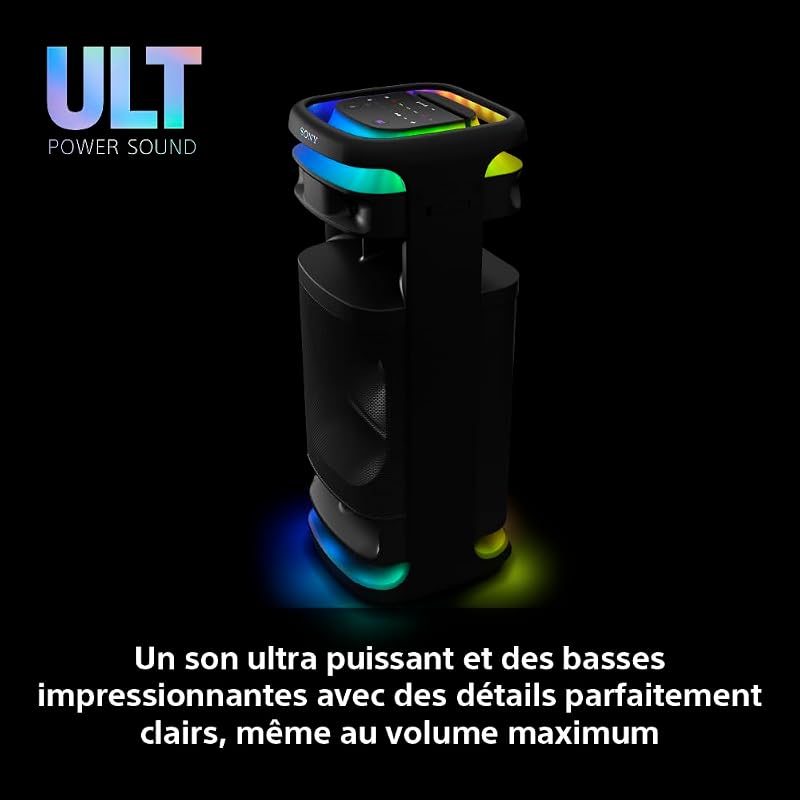 ULT Tower 10 Power Sound - Enceinte Festive Party Box Ultra Puissante, Bluetooth, Modes Deep Bass & Attack Bass, Eclairage 360°, Micro sans Fil Inclus, Facile à déplacer, Roues pivotantes - Noir