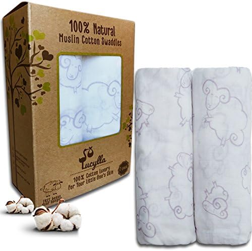 Unisex Baby Swaddle Blanket - Ultra Soft White Cotton Receiving Muslin Blankets for Boys &amp; Girls - 100% Natural Newborn Breathable Swaddling Wrap with Adorable Lamp Pattern (2-pack)