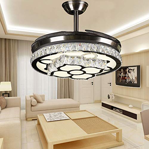 TiptonLight 42 Inch Retractable Ceiling Fan with Remote Control and Invisible Chandelier Fans with Crystals 3 Color Changing 36W Led Light