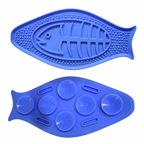 MalsiPree Dog Lick Pad, FDA Approved Dog Distraction Device Peanut Butter Pad with Suction Cup and Bumper, Fish Shape Bath Buddy for Dogs Makes Shower Easy and Funny (Blue)