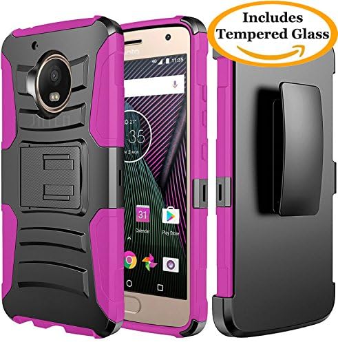 Moto G5 Plus Case, JATEM [Belt Clip] Rugged Hybrid Dual Layer Kickstand Holster Combo + Tempered Glass Screen Protector (Black/Pink)