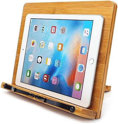 Bamboo Book Stand, Adjustable Book Holder Tray and Page Paper Clips-Cookbook Reading Desk Portable Sturdy Lightweight Bookstand-Textbooks Bookstands-Music Books Tablet Cook Recipe Stands HH-005