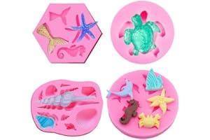 SUNKOOL Marine Theme Cake Fondant Silicone Mold,4 PCS Seashell Conch Starfish Coral Starfish Sea Turtle Seahorse Fish Baking Molds for DIY Cake Decoration Chocolate Candy Polymer Clay Crafting Projects