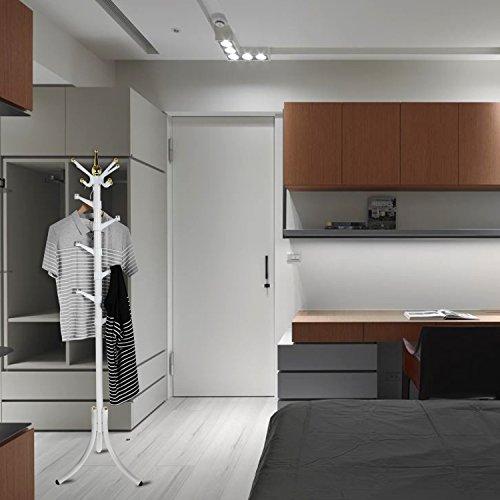 11 Hooks Standing Metal Coat Hat Rack Entryway Coat Tree with Base for Coat Hat Purse Jacket (White-1)