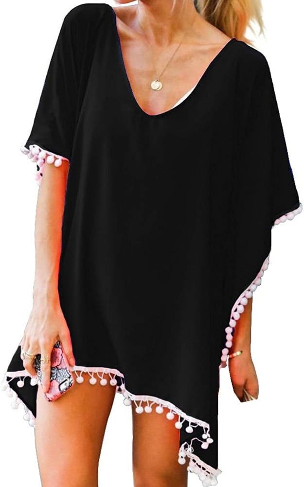 Yincro Women Chiffon Swimsuit Cover up Beach Bikini Stylish Tassel Bathing Suit Cover ups (Size A(Free Size, Fit US S-M), Black 02)