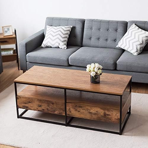 Prettyshop4246 Two Drawer Coffee Table 47 Inch 2 Tier Wooden Coffee Density Furniture Living Room Accent End Table Side Patio Accessory Lawn Sofa Console Table Entry Steel Book Laptop Snack Home