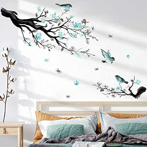 decalmile Stickers Muraux Branche de Fleur Autocollant Mural Fleurs Bleues Arbre Oiseaux Décoration Murale Enfants Chambre Salon