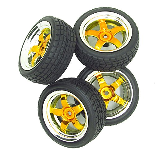 5 Spoke Yellow Wheel Rim & Gravel Tyre Tires for RC 1:10 Drift Car Plated Pack Of 4