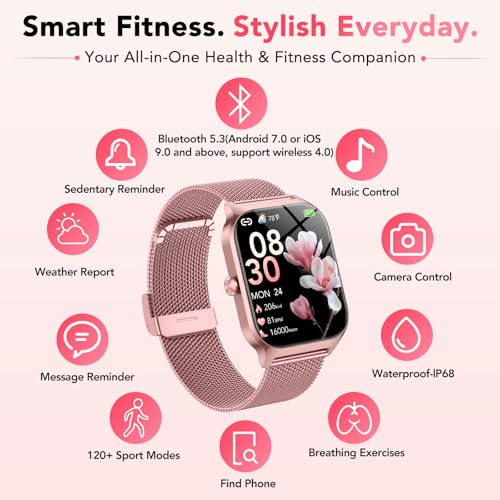 CASCHO Women's Smartwatch 1.85 Inch HD Smartwatch with Bluetooth Calls and AI Voice Assistant, 120+ Sports with Pedometer/Sleep/Heart Rate Monitor, Smart Watch for iOS Android, 2 Straps