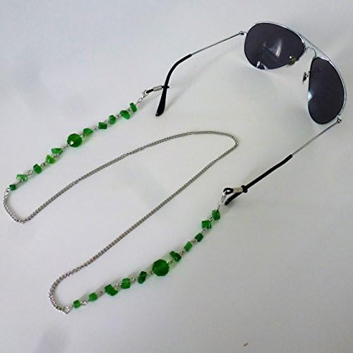 Green 30" artificial jade decorative beads fashion sunglasses or reading glasses metal holder chain necklace with 2 rubber non slip rings and 2 lobster claws for men and women