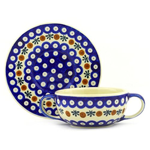 Click Here to See More Images Ceramika Bona H6164F Polish Pottery Ceramic Bouillon Cup with Saucer Hand Painted, 13-Ounce