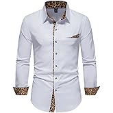Kinkia Men's Dress Shirts Regular Fit Stretch Long Sleeve Leopard Collar Button Down Shirt for Wedding Business