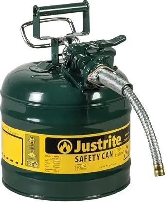 Justrite 7220420 AccuFlow 2 Gallon, 9.50 OD x 13.25 H Galvanized Steel Type II Green Safety Can With 5/8 Flexible Spout