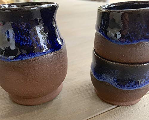 Brown and Blue Sake set, handmade pottery bottle and shot glasses