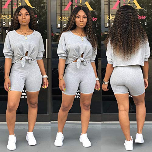 Two Piece Outfits for Women Sexy - Sexy Long Sleeve Crop Tops + Skinny Shorts Tracksuit Medium Grey