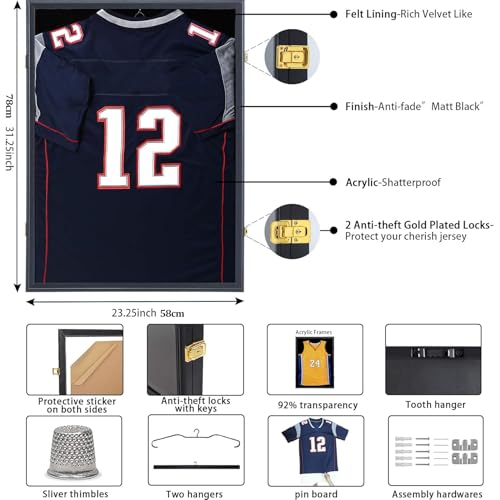 Black Jersey Display Frame Case Lockable, Sport Jersey Shadow Box with UV Protection Acrylic and Hanger for Baseball Basketball Football Soccer Hockey Shirt and Uniform, 80*60*4Cm
