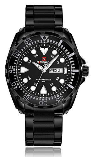 NAVIFORCE Watch Men Stainless Steel Waterproof Analog Japanese Quartz Movement Date (Black)