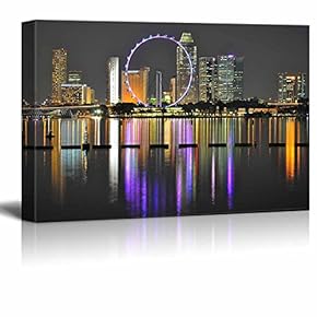 Canvas Prints Wall Art - Cityscape with Ferris Wheel and Light Reflection on The Water, by Night, at Marina Bay, Singapore - 12" x 18"
