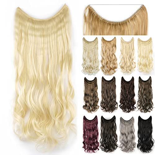 IMISSU 22'' 26'' Long Body Wavy Hair Extensions Fish Line Hairpiece Synthetic Invisible Secret Wire Headwear Flip Curly Hair Extension Pieces (26 Inch,613 Blonde)