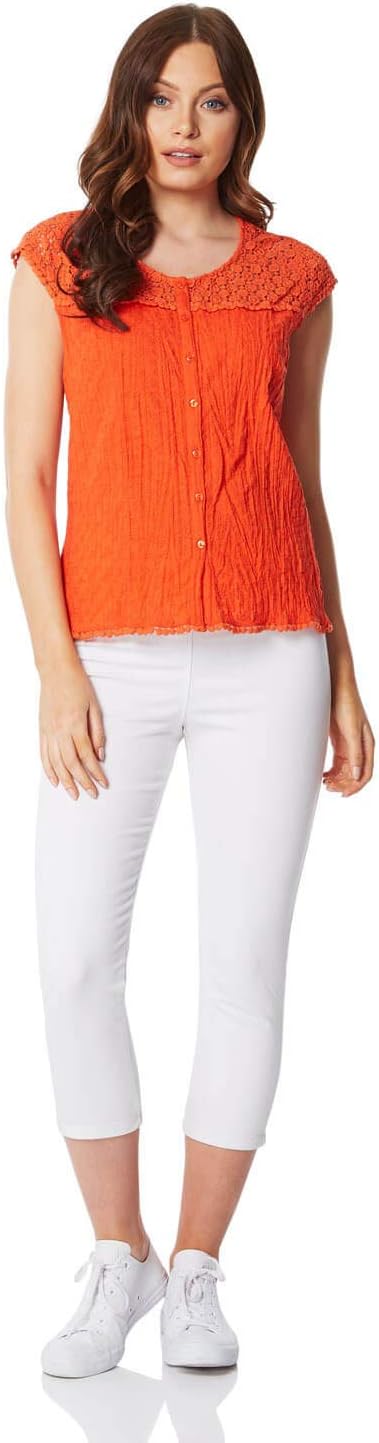 Women Lace Crinkle Blouse Top - Ladies Broderie Anglaise Yoke 100% Cotton Embroidered Casual Work Flattering Summer Holiday Evening Boho Vintage Shirt