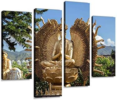 Thousand Hands Buddha Statue at The Ten Thousand Buddhas Monastery Canvas Wall Art Hanging Paintings Modern Artwork Abstract Picture Prints Home Decoration Gift Unique Designed Framed 4 Panel