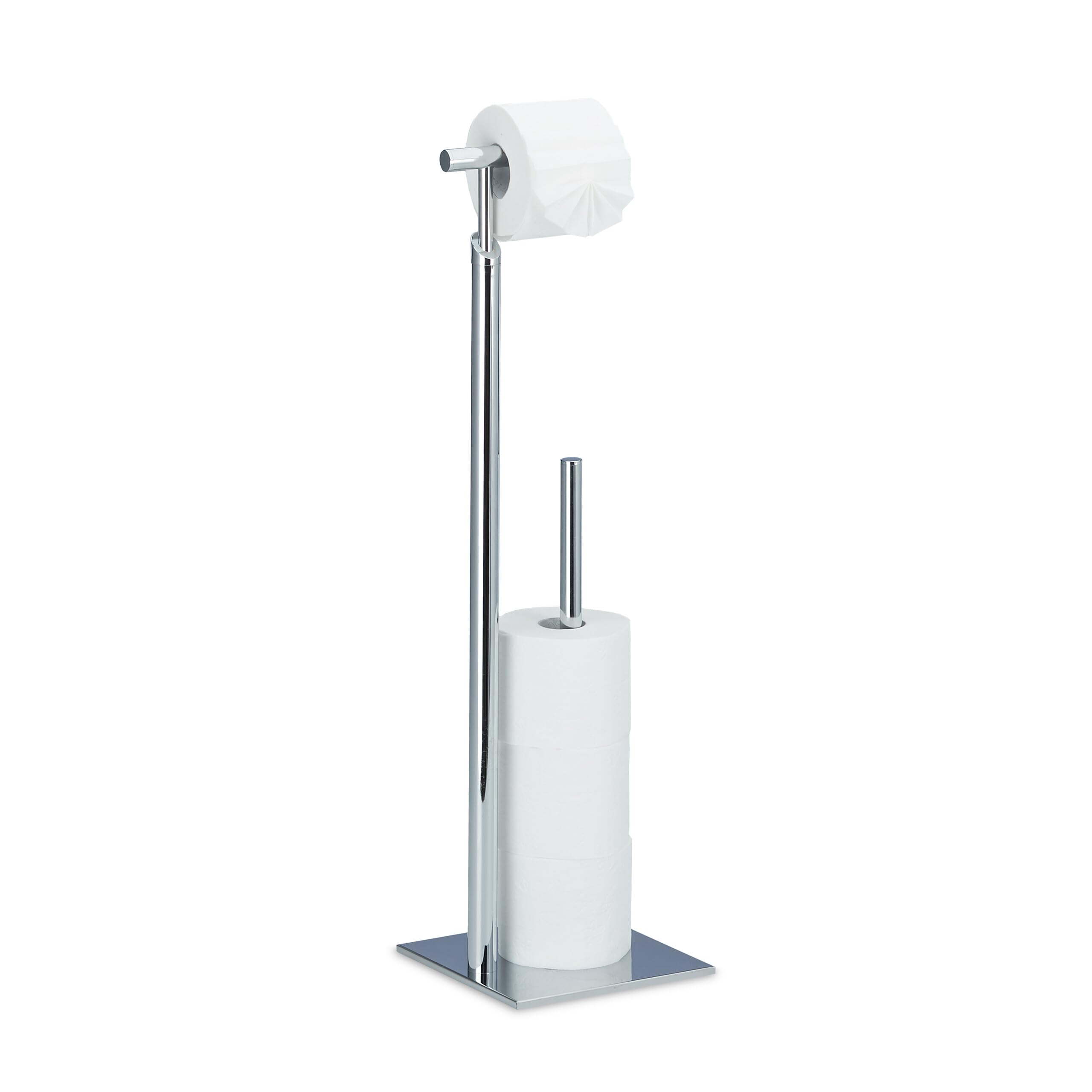 Relaxdays Standing Toilet Paper Holder, Standing Steel Roll Holder for 4 Spare Rolls TP, Chromed, 71 x 20 x 20 cm, Silver