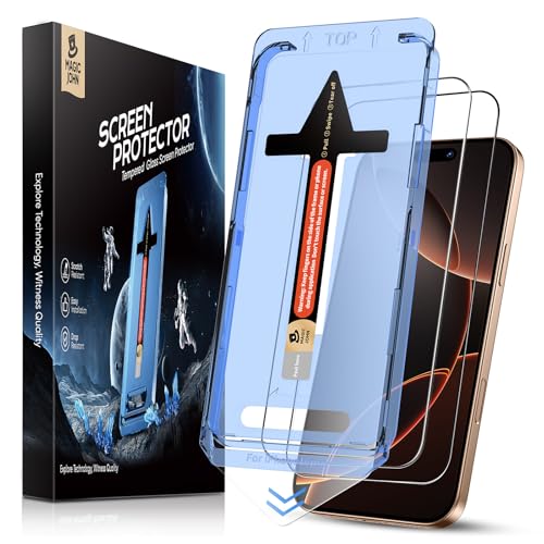 MAGIC JOHN Tempered Glass for iPhone 16 Pro/iPhone 17 (6.3 inches), 2 Pieces, Anti-Scratch 9H Hardness Screen Protector with Easy Installation Kit, Auto Dust-Elimination, HD Transparent | Pack of 2, HD Transparent, 9H Screen Protector, Anti-Dust, Anti-Bubble, Anti-Scratch, Automatic Dust Removal