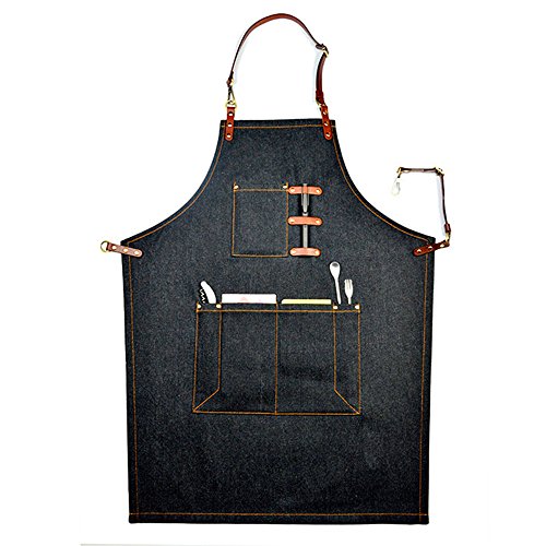 ZXDG-Chef apron tool apron fashion work clothes denim workshop coffee shop home kitchen apron convenient multi-pocket (S-72cm, brown)