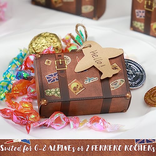 JOHOUSE Mini Suitcase Favor Box, 50PCS Travel Party Favors Vintage Kraft Cardboard with Tags and Burlap Twine for Wedding Party Bridal Shower Travel Party Decorations