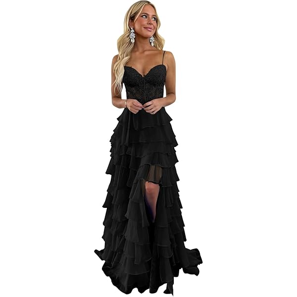 Sieisu Black Ruffle Tiered Prom Dress Long Lace Ball Gown 2025 Spaghetti  Strap Evening Corset Dress Formal Size0 at Amazon Women's Clothing store