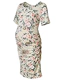 Women's Floral Printed Bodycon Maternity Dress Nursing Short Sleeve Ruched Sides Knee Length Beige Flower S