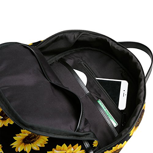 Use4 Yellow Sunflower Black Polyester Backpack School Travel Bag