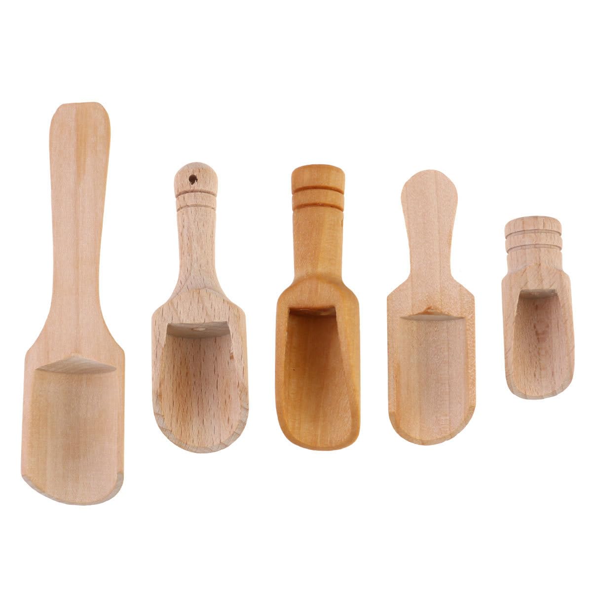 Healvian Wooden Salt Spoon Set of 5 Mini Scoops for Kitchen Spice Tea Coffee Serving with Various Handles