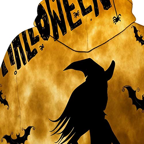 Jessie storee Helloween Hooded Sweatshirt 3D Printed Witch Bat Silhouette Print Pullover Hoodie for Men Couples Unisex Horror Clothing Large Size Sweater Loose Baseball Uniform Tide,Yellow,L - Thumbnail 5