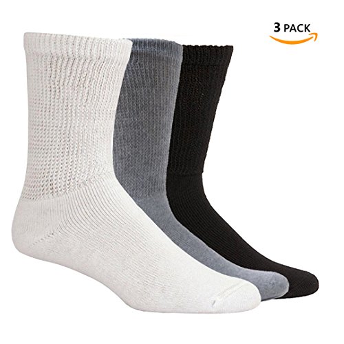 SOCKOYE® - 3 Pack Diabetic & Circulatory Unisex Crew Socks - Spiral Knitting Non Binding Extra Wide Cuffs Anti Bacterial Anti Fungus with Moisture Management (9-11, White, Black & Gray)