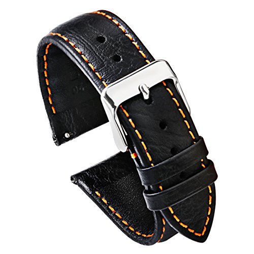 PBCODE Watch Strap Quick Release Watch Band Leather Watch Strap Men for Watches and Smartwatches - Black 20mm (Orange Stitching) Soft