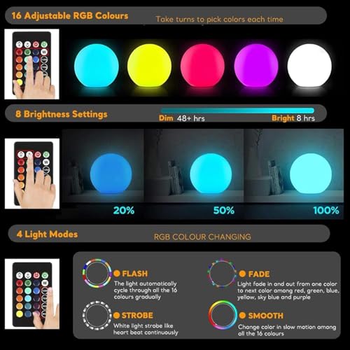 LED Ball Light, 6-inch Glowing Orb Light, Rechargeable Globe Lamp, Dimmable Mood Lights W/Remote, Waterproof Ambient Lighting Lamp for Desk Bedroom Bathroom Patio