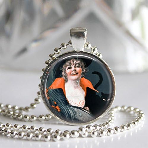 Witch and Black Cat Vintage Halloween Silver Bezel Glass Tile Pendant Necklace