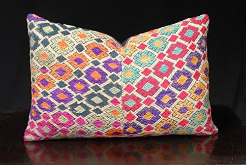 16 x 23 inch decorative lumbar pillow, Laos tribal textile, vintage hand woven silk cotton cloth, multi-color ethnic fabric cushion. TT18