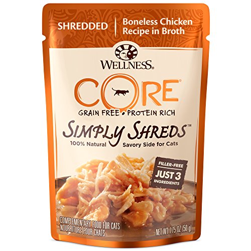 Wellness Core Simply Shreds Grain Free Wet Cat Food Mixer Or Topper, Shredded Boneless Chicken Recipe In Broth , 1.75-Ounce Pouch (Case Of 12)