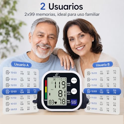 Baumanómetro Digital de Brazo MUINAIFTE (Negro) | Baumanómetro Digital Medidor de Presión Arterial ,Brazalete Ajustable 22-36 cm，Baumanómetro Digital Pantalla LCD Grande