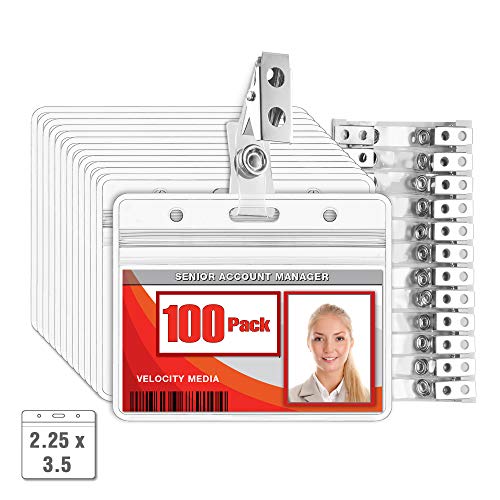 MIFFLIN Horizontal Plastic Card Holder with Metal Clip and Vinyl Straps (Clear, 2.25x3.5 Inch, 100 Pack), Waterproof PVC ID Badge Holder with Clip